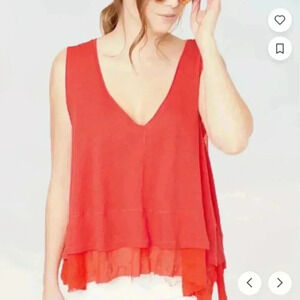 Free People Peachy Oversized Cotton Layered Tank Coral Orange Ruffle Flounce szM